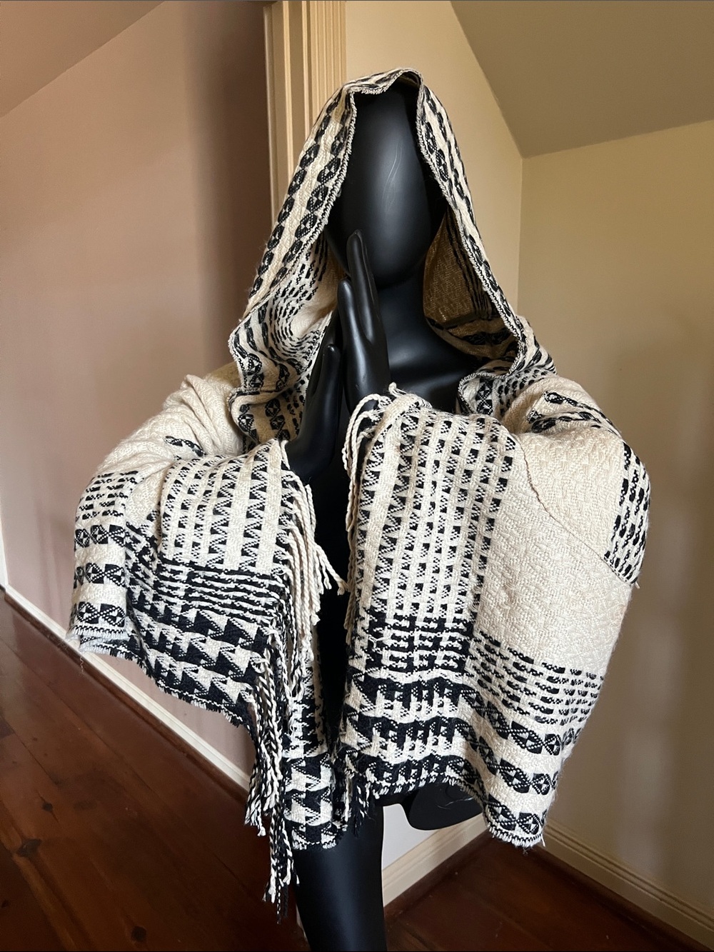 VTG Free People Y2K Black and Cream Hooded Handwoven Sweater Wrap Fringe O/S